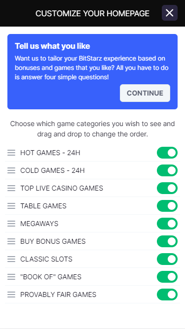 BitStarz Customize Lobby Screenshot